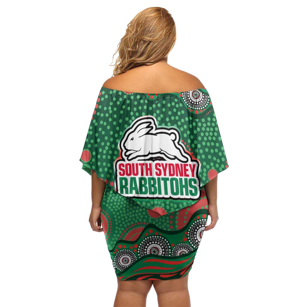 South Sydney Rabbitohs Off Shoulder Short Dress Aboriginal Dot Pattern - Rugby Mascot Heritage Pride