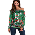 South Sydney Rabbitohs Off Shoulder Sweater Aboriginal Dot Pattern - Rugby Mascot Heritage Pride