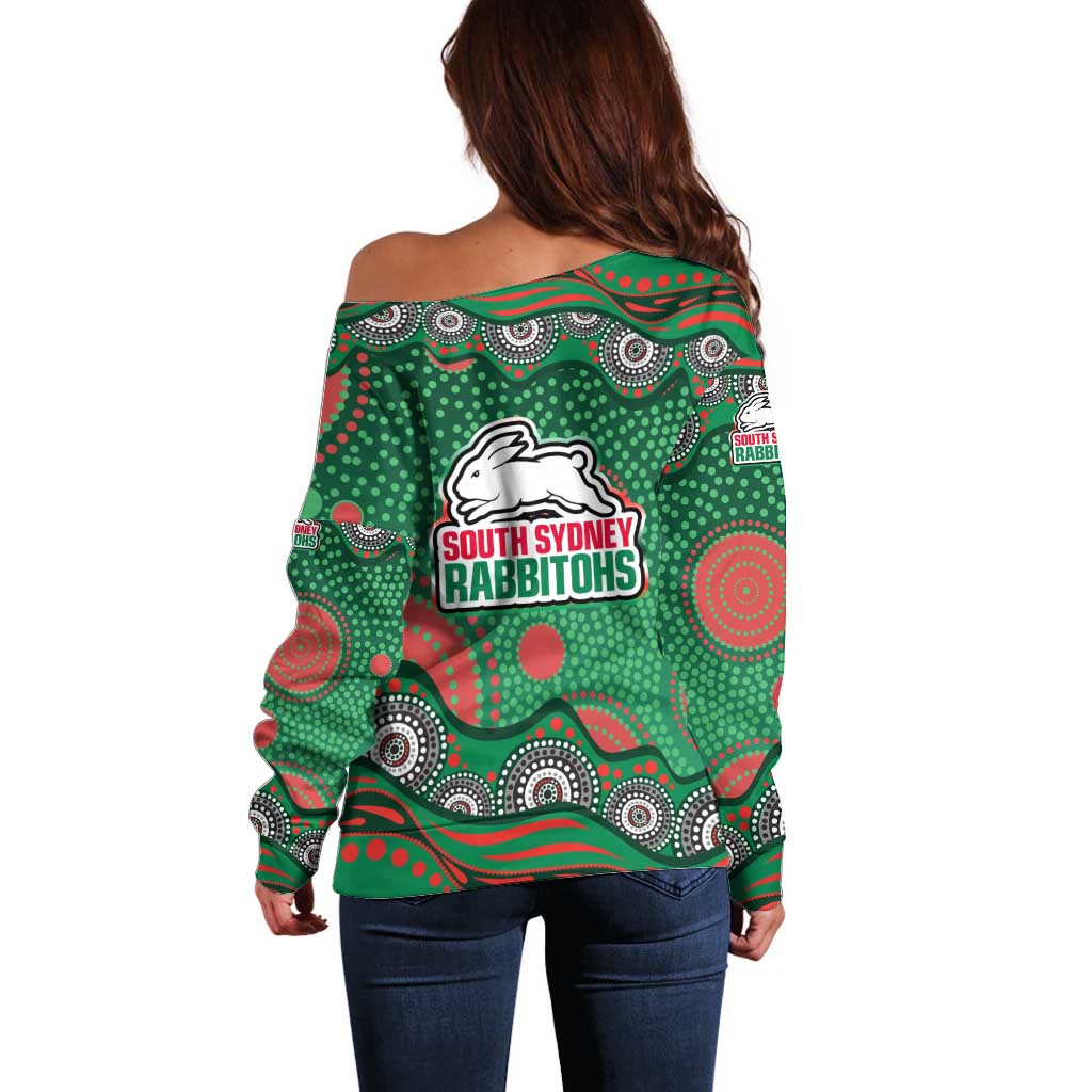 South Sydney Rabbitohs Off Shoulder Sweater Aboriginal Dot Pattern - Rugby Mascot Heritage Pride
