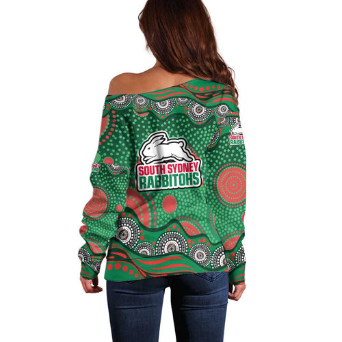 South Sydney Rabbitohs Off Shoulder Sweater Aboriginal Dot Pattern - Rugby Mascot Heritage Pride
