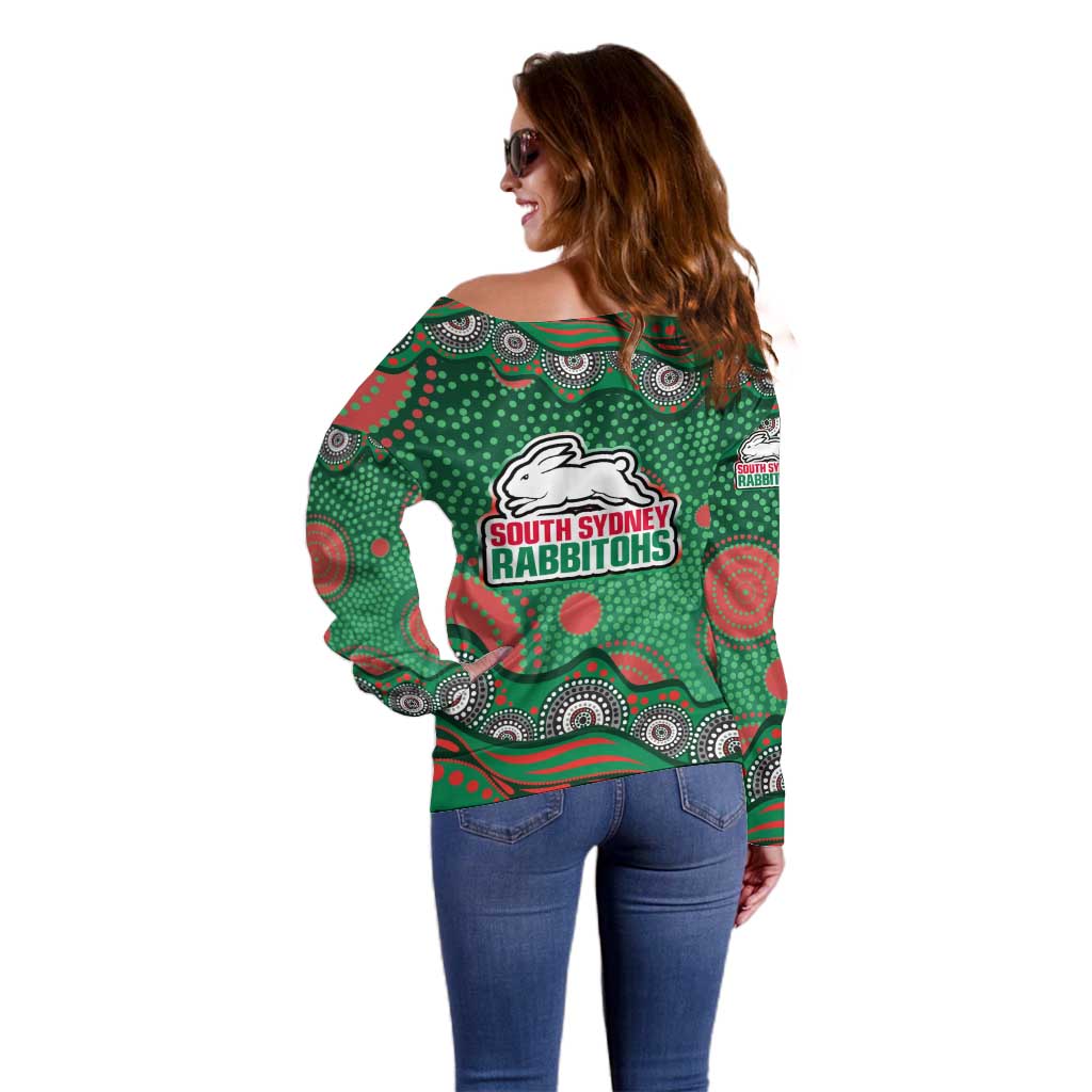 South Sydney Rabbitohs Off Shoulder Sweater Aboriginal Dot Pattern - Rugby Mascot Heritage Pride