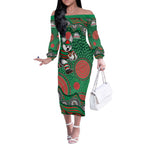 South Sydney Rabbitohs Off The Shoulder Long Sleeve Dress Aboriginal Dot Pattern - Rugby Mascot Heritage Pride