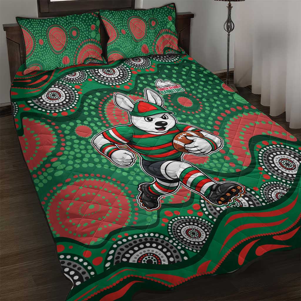 South Sydney Rabbitohs Quilt Bed Set Aboriginal Dot Pattern - Rugby Mascot Heritage Pride