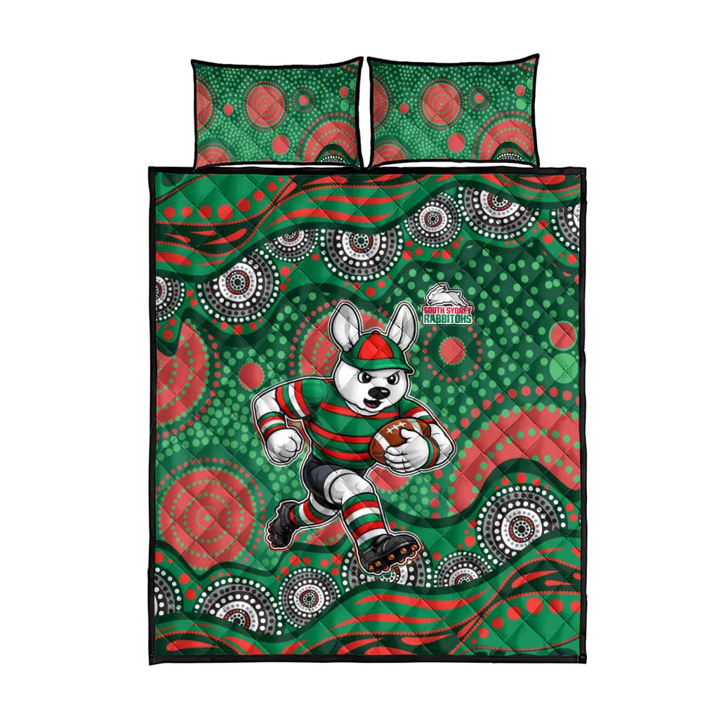 South Sydney Rabbitohs Quilt Bed Set Aboriginal Dot Pattern - Rugby Mascot Heritage Pride