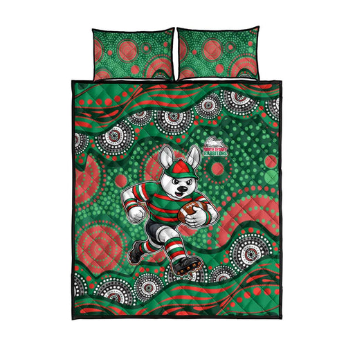 South Sydney Rabbitohs Quilt Bed Set Aboriginal Dot Pattern - Rugby Mascot Heritage Pride