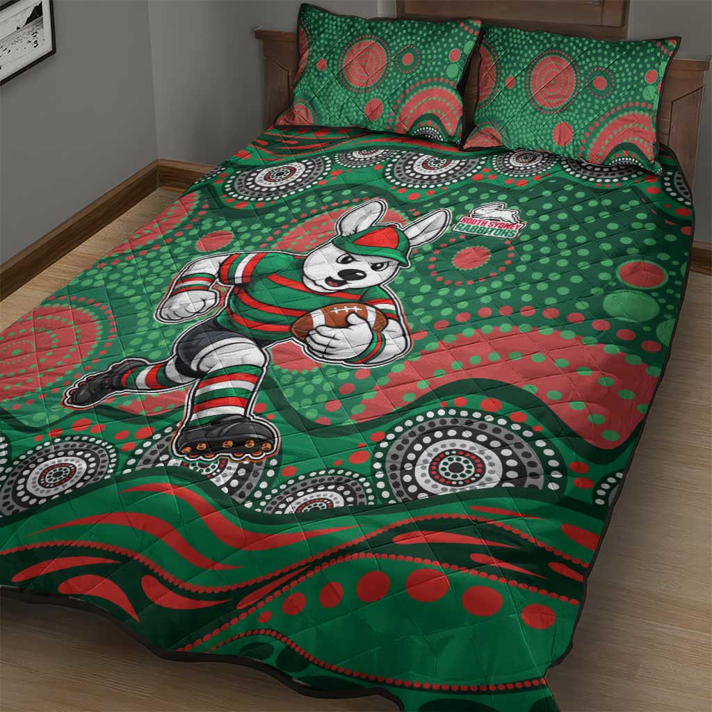 South Sydney Rabbitohs Quilt Bed Set Aboriginal Dot Pattern - Rugby Mascot Heritage Pride