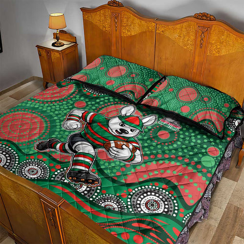 South Sydney Rabbitohs Quilt Bed Set Aboriginal Dot Pattern - Rugby Mascot Heritage Pride