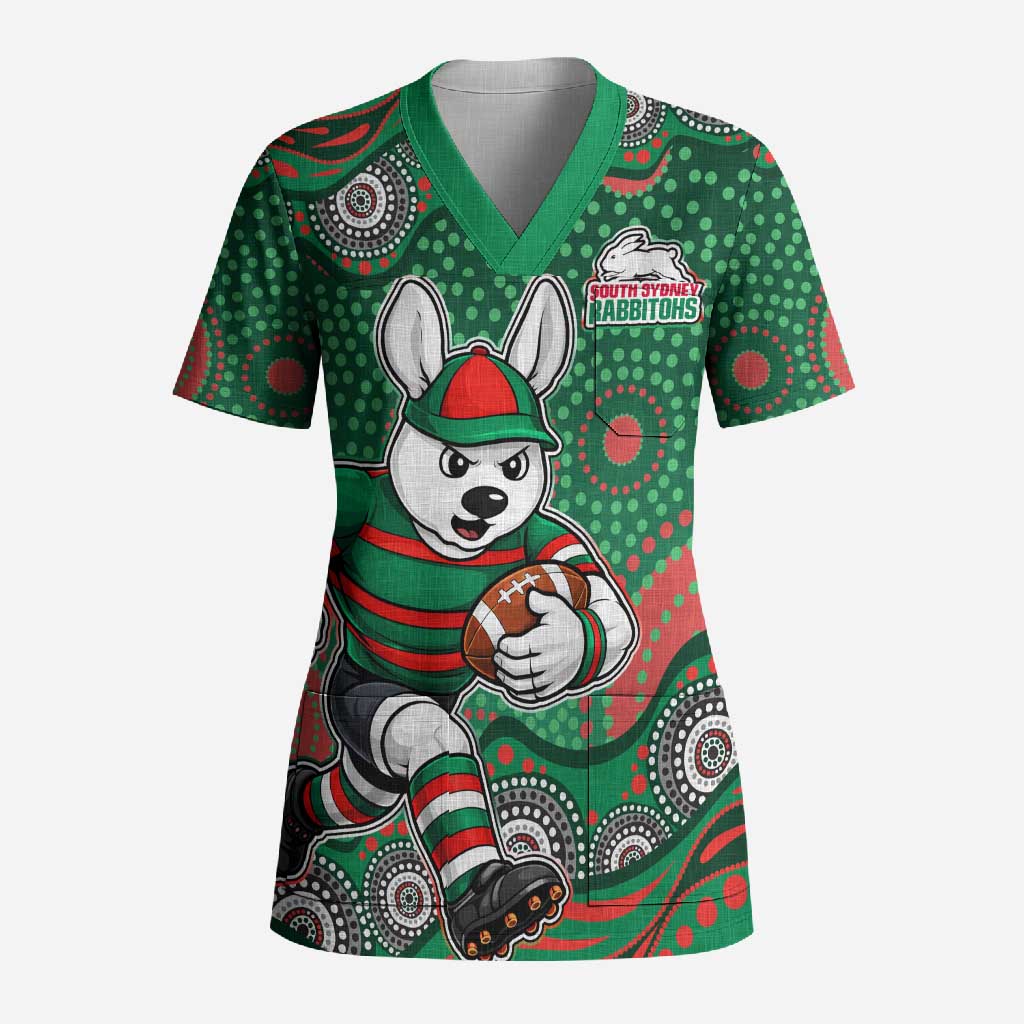 South Sydney Rabbitohs Scrub Top Aboriginal Dot Pattern - Rugby Mascot Heritage Pride