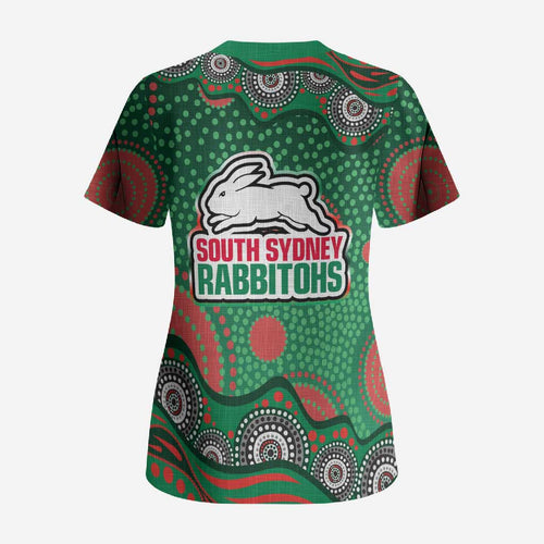 South Sydney Rabbitohs Scrub Top Aboriginal Dot Pattern - Rugby Mascot Heritage Pride