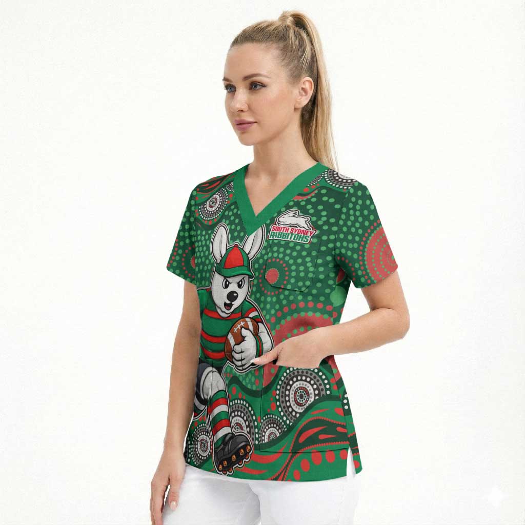 South Sydney Rabbitohs Scrub Top Aboriginal Dot Pattern - Rugby Mascot Heritage Pride