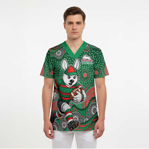 South Sydney Rabbitohs Scrub Top Aboriginal Dot Pattern - Rugby Mascot Heritage Pride
