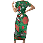 South Sydney Rabbitohs Short Sleeve Bodycon Dress Aboriginal Dot Pattern - Rugby Mascot Heritage Pride