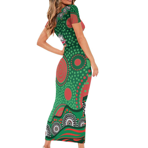 South Sydney Rabbitohs Short Sleeve Bodycon Dress Aboriginal Dot Pattern - Rugby Mascot Heritage Pride