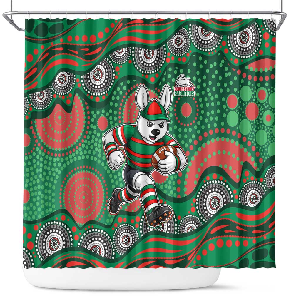 South Sydney Rabbitohs Shower Curtain Aboriginal Dot Pattern - Rugby Mascot Heritage Pride