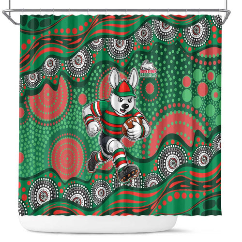 South Sydney Rabbitohs Shower Curtain Aboriginal Dot Pattern - Rugby Mascot Heritage Pride