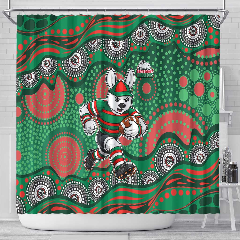 South Sydney Rabbitohs Shower Curtain Aboriginal Dot Pattern - Rugby Mascot Heritage Pride