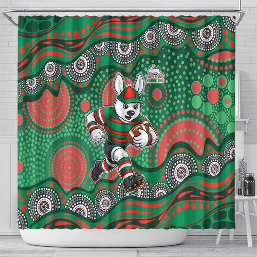 South Sydney Rabbitohs Shower Curtain Aboriginal Dot Pattern - Rugby Mascot Heritage Pride