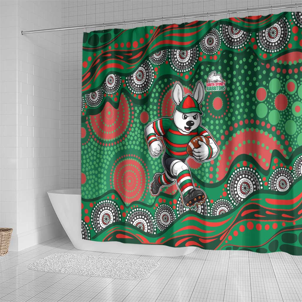 South Sydney Rabbitohs Shower Curtain Aboriginal Dot Pattern - Rugby Mascot Heritage Pride