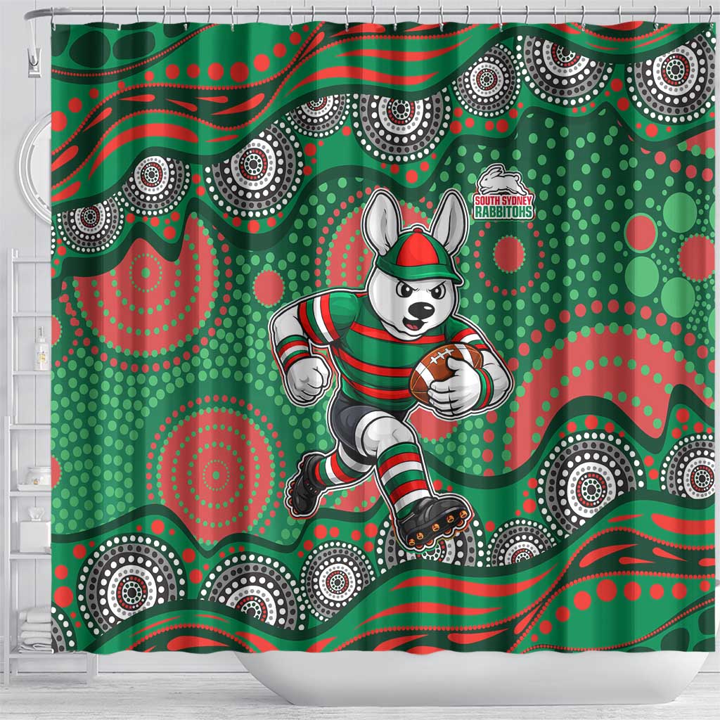South Sydney Rabbitohs Shower Curtain Aboriginal Dot Pattern - Rugby Mascot Heritage Pride