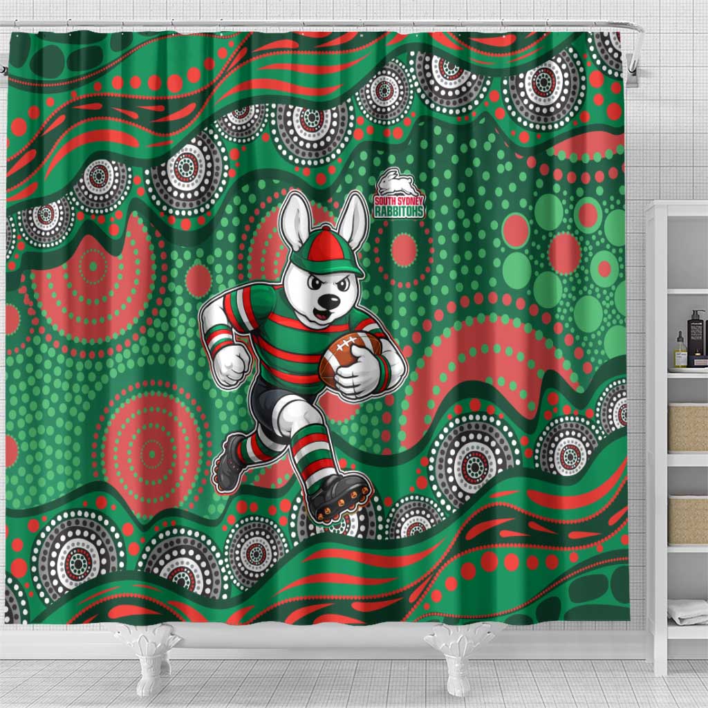 South Sydney Rabbitohs Shower Curtain Aboriginal Dot Pattern - Rugby Mascot Heritage Pride