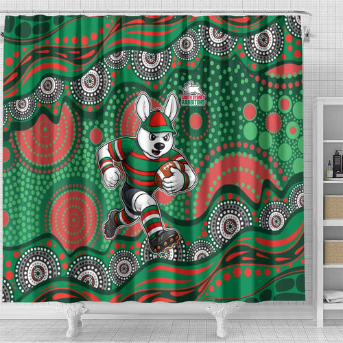 South Sydney Rabbitohs Shower Curtain Aboriginal Dot Pattern - Rugby Mascot Heritage Pride