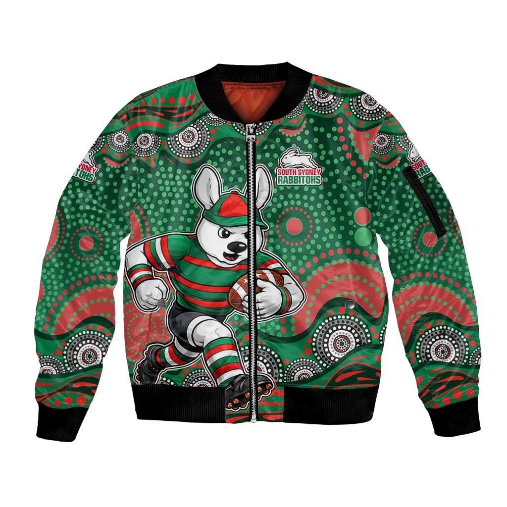 South Sydney Rabbitohs Sleeve Zip Bomber Jacket Aboriginal Dot Pattern - Rugby Mascot Heritage Pride