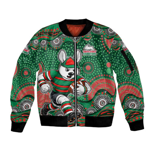 South Sydney Rabbitohs Sleeve Zip Bomber Jacket Aboriginal Dot Pattern - Rugby Mascot Heritage Pride