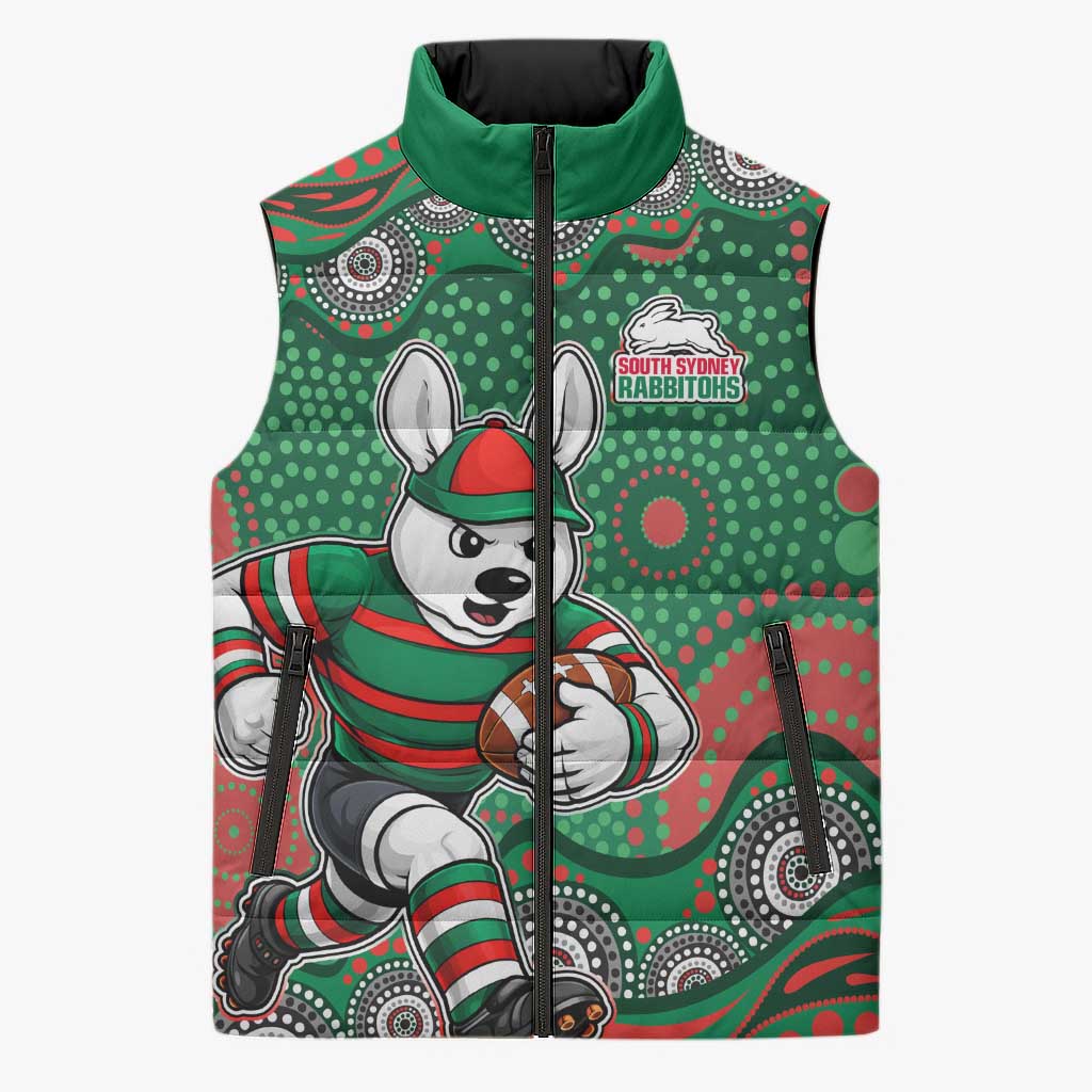 South Sydney Rabbitohs Sleeveless Puffer Jacket Aboriginal Dot Pattern - Rugby Mascot Heritage Pride
