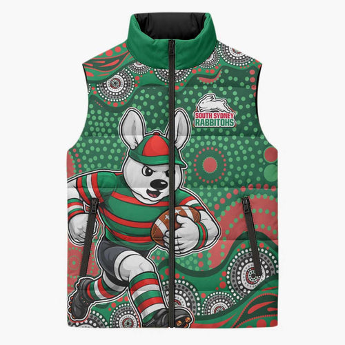 South Sydney Rabbitohs Sleeveless Puffer Jacket Aboriginal Dot Pattern - Rugby Mascot Heritage Pride