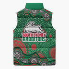 South Sydney Rabbitohs Sleeveless Puffer Jacket Aboriginal Dot Pattern - Rugby Mascot Heritage Pride