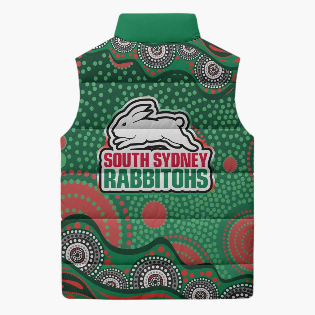 South Sydney Rabbitohs Sleeveless Puffer Jacket Aboriginal Dot Pattern - Rugby Mascot Heritage Pride