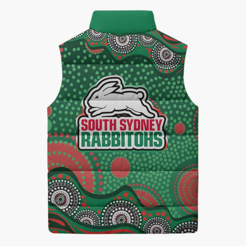 South Sydney Rabbitohs Sleeveless Puffer Jacket Aboriginal Dot Pattern - Rugby Mascot Heritage Pride