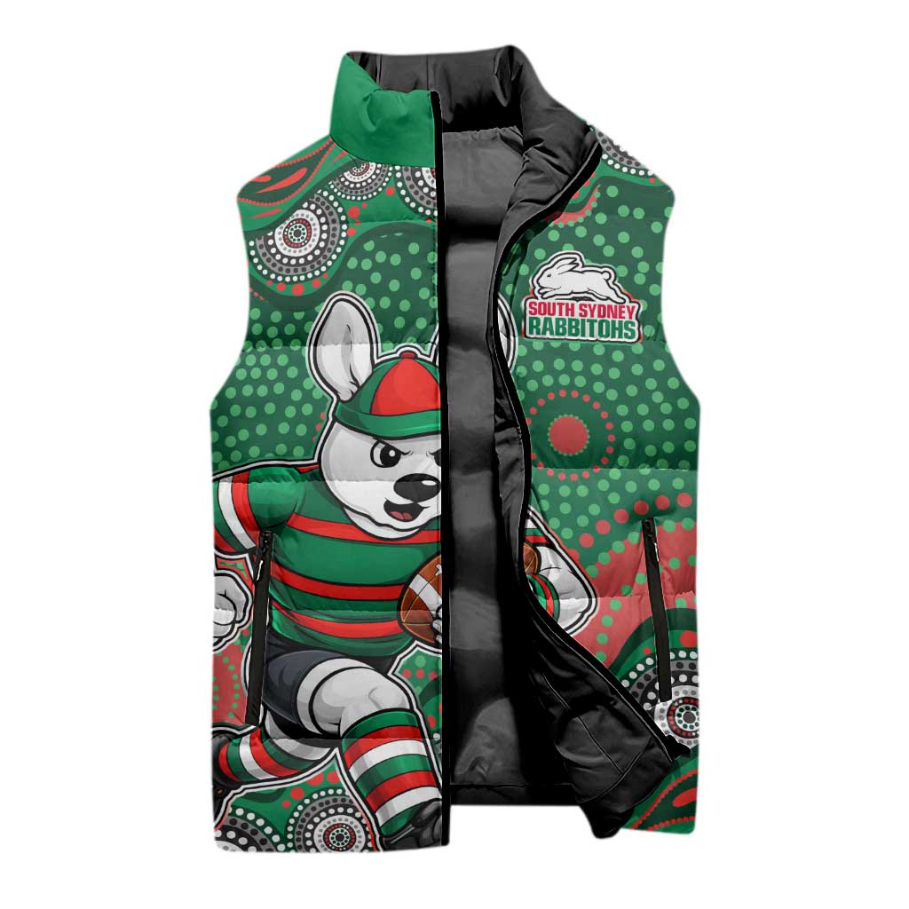 South Sydney Rabbitohs Sleeveless Puffer Jacket Aboriginal Dot Pattern - Rugby Mascot Heritage Pride