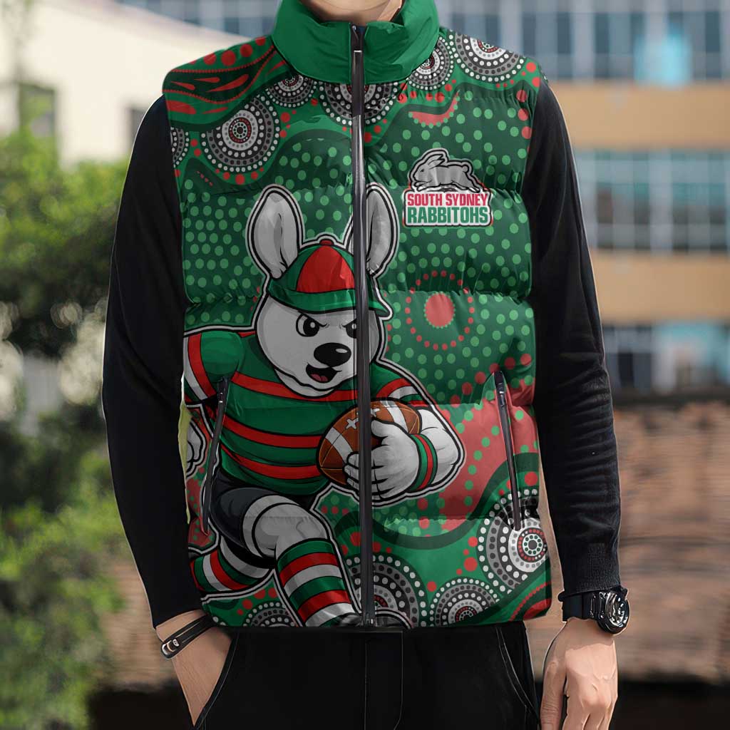 South Sydney Rabbitohs Sleeveless Puffer Jacket Aboriginal Dot Pattern - Rugby Mascot Heritage Pride