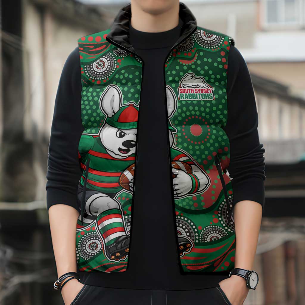 South Sydney Rabbitohs Sleeveless Puffer Jacket Aboriginal Dot Pattern - Rugby Mascot Heritage Pride