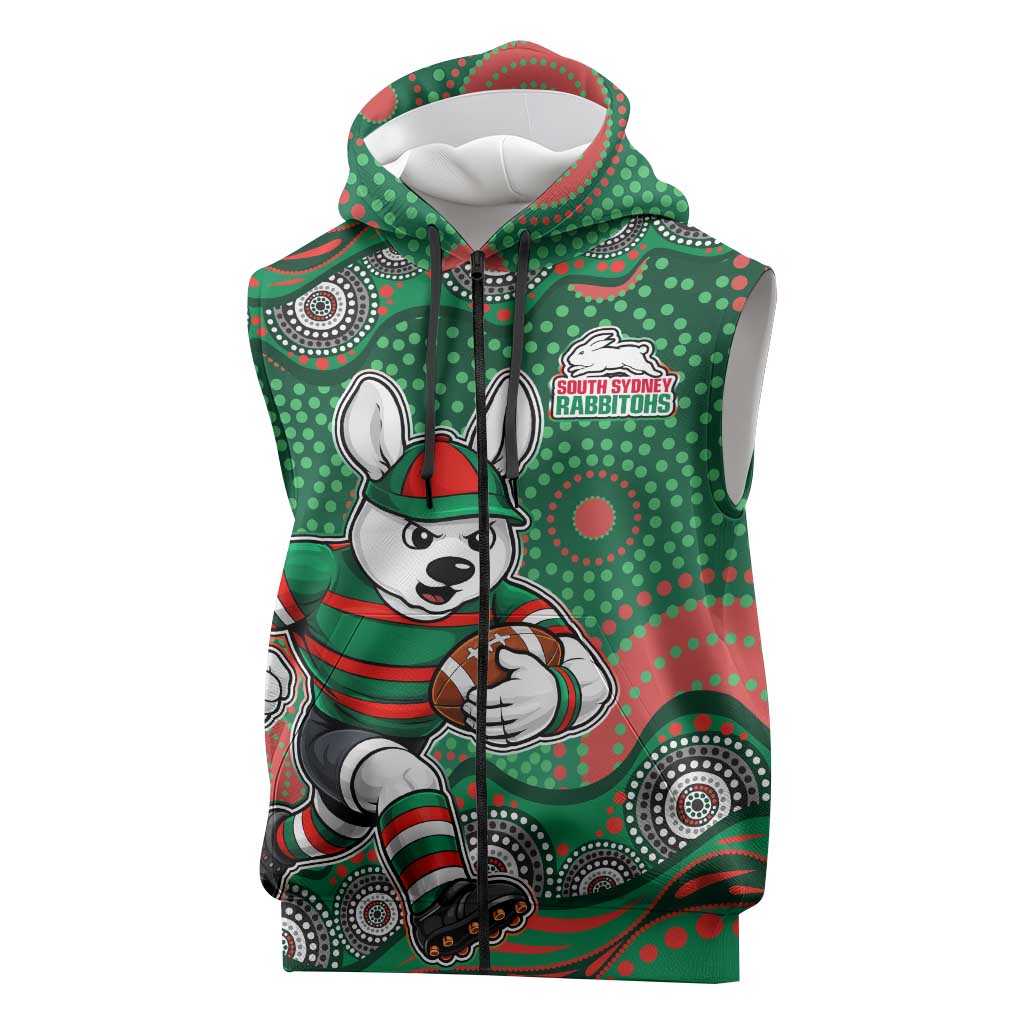 South Sydney Rabbitohs Sleeveless Zip Hoodie Aboriginal Dot Pattern - Rugby Mascot Heritage Pride