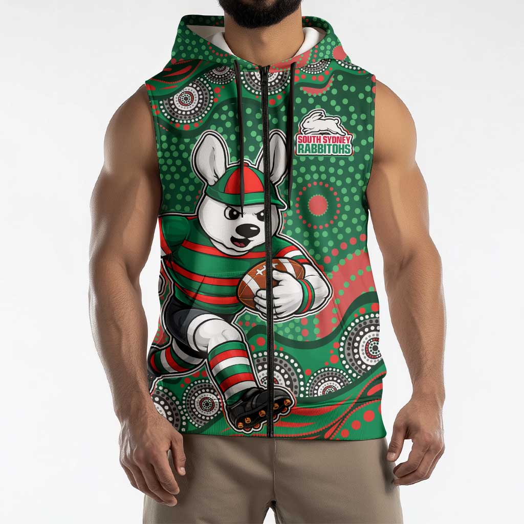 South Sydney Rabbitohs Sleeveless Zip Hoodie Aboriginal Dot Pattern - Rugby Mascot Heritage Pride