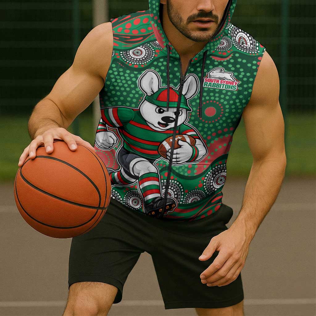 South Sydney Rabbitohs Sleeveless Zip Hoodie Aboriginal Dot Pattern - Rugby Mascot Heritage Pride
