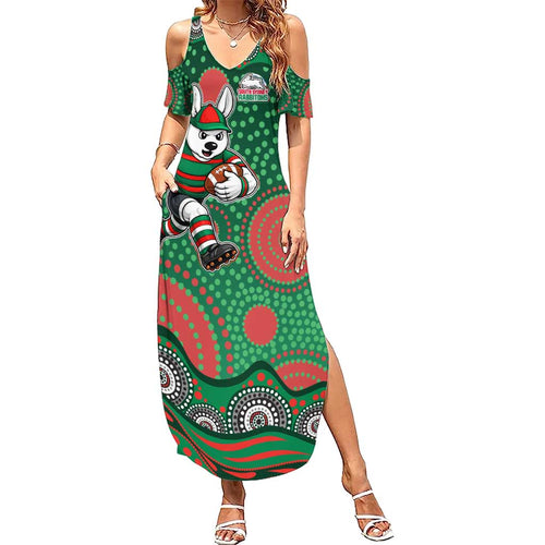 South Sydney Rabbitohs Summer Maxi Dress Aboriginal Dot Pattern - Rugby Mascot Heritage Pride