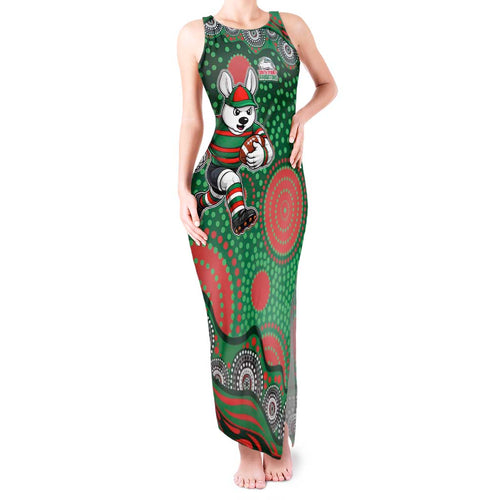 South Sydney Rabbitohs Tank Maxi Dress Aboriginal Dot Pattern - Rugby Mascot Heritage Pride