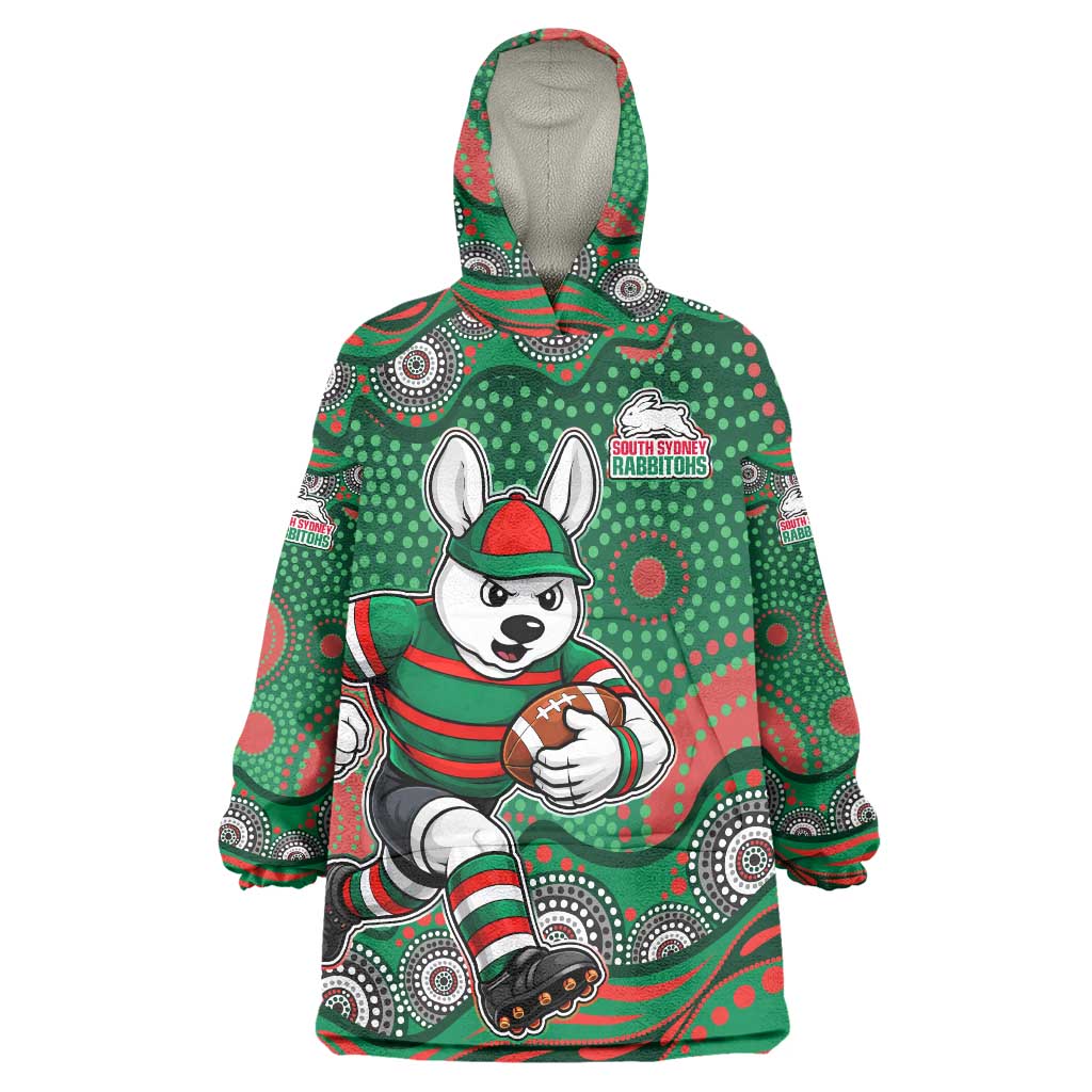 South Sydney Rabbitohs Wearable Blanket Hoodie Aboriginal Dot Pattern - Rugby Mascot Heritage Pride