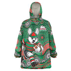 South Sydney Rabbitohs Wearable Blanket Hoodie Aboriginal Dot Pattern - Rugby Mascot Heritage Pride