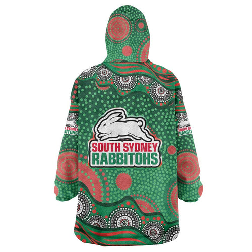 South Sydney Rabbitohs Wearable Blanket Hoodie Aboriginal Dot Pattern - Rugby Mascot Heritage Pride