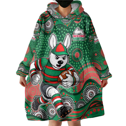 South Sydney Rabbitohs Wearable Blanket Hoodie Aboriginal Dot Pattern - Rugby Mascot Heritage Pride