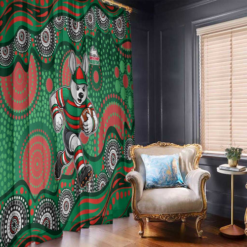 South Sydney Rabbitohs Window Curtain Aboriginal Dot Pattern - Rugby Mascot Heritage Pride