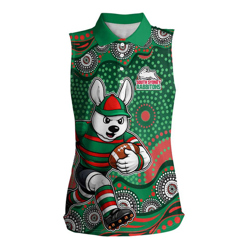 South Sydney Rabbitohs Women Sleeveless Polo Shirt Aboriginal Dot Pattern - Rugby Mascot Heritage Pride