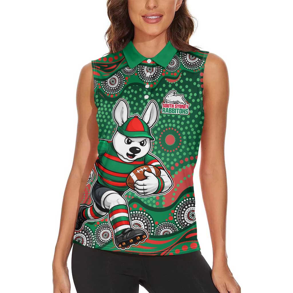 South Sydney Rabbitohs Women Sleeveless Polo Shirt Aboriginal Dot Pattern - Rugby Mascot Heritage Pride