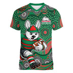 South Sydney Rabbitohs Women V-Neck T-Shirt Aboriginal Dot Pattern - Rugby Mascot Heritage Pride
