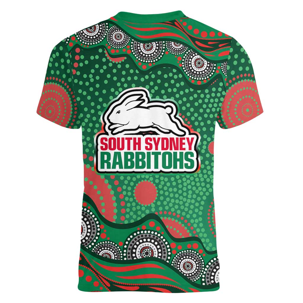 South Sydney Rabbitohs Women V-Neck T-Shirt Aboriginal Dot Pattern - Rugby Mascot Heritage Pride