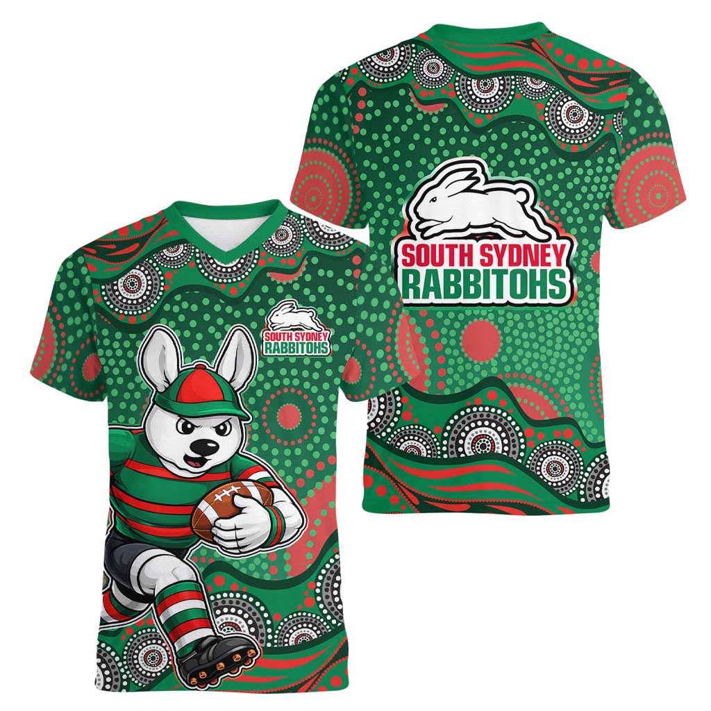 South Sydney Rabbitohs Women V-Neck T-Shirt Aboriginal Dot Pattern - Rugby Mascot Heritage Pride